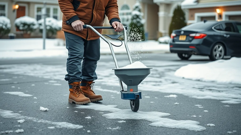 Homeowner using handheld broadcast spreader to apply de-icer to asphalt driveway, emphasizing proper ice melt application for asphalt.