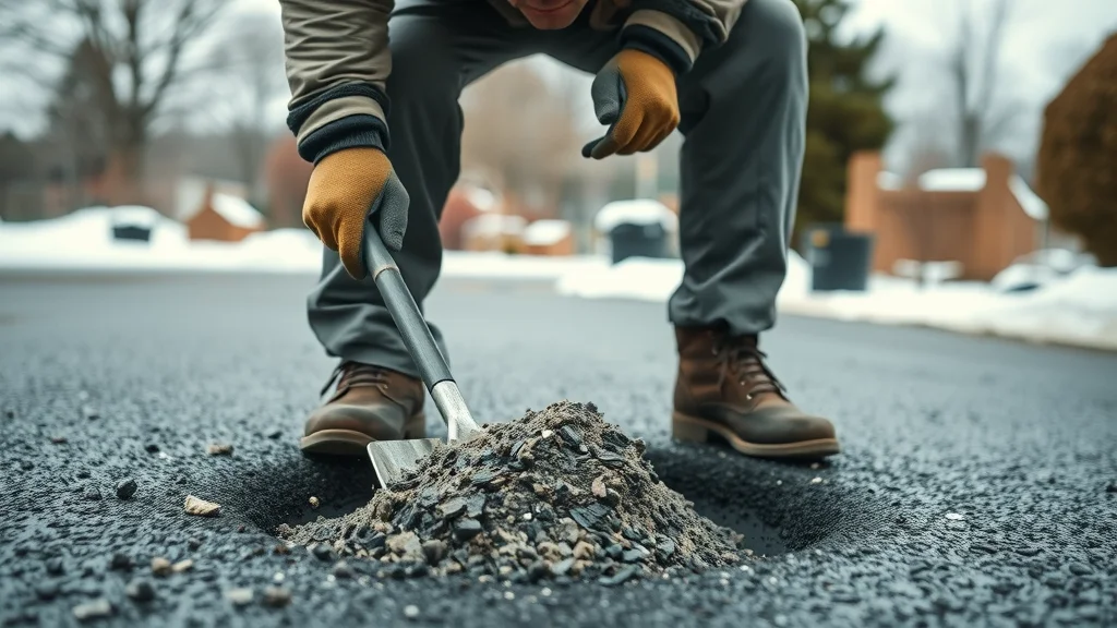 Contractor repairing a small pothole on asphalt driveway to prevent further winter damage