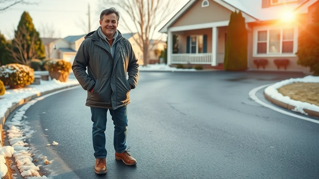 Happy homeowner inspecting ice-free asphalt driveway and healthy landscaping after using de-icer for asphalt.