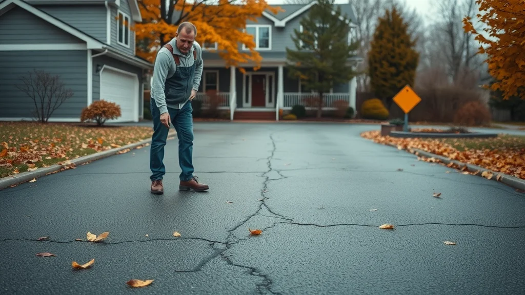 Moody suburban home exterior focused on a long asphalt driveway; homeowner inspecting cracks for driveway winter preparation