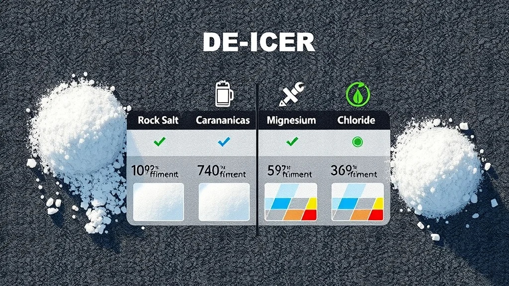 Asphalt background with visual comparison table of rock salt, calcium chloride, magnesium chloride, and eco-friendly de-icer options for asphalt.