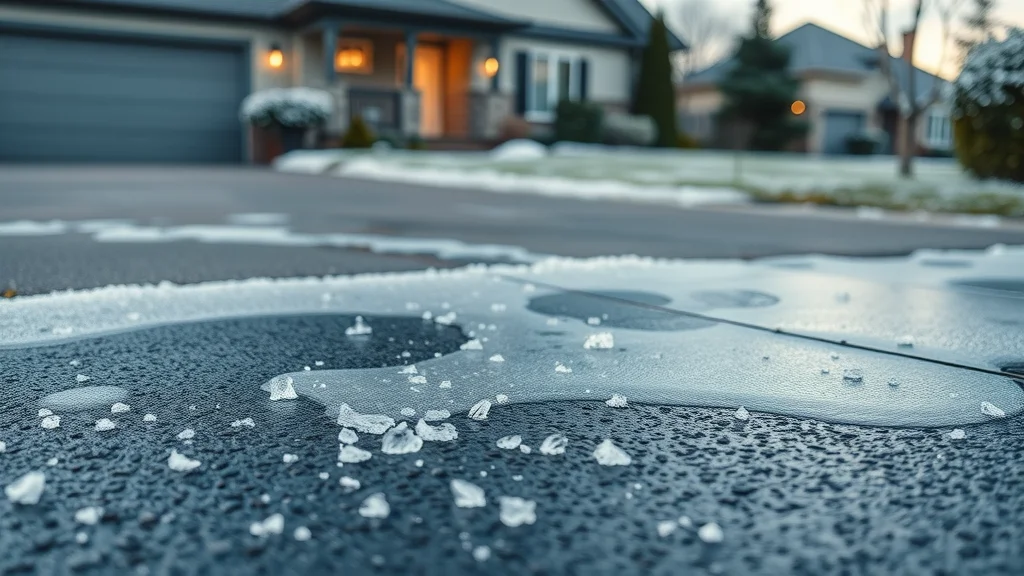 Suburban asphalt driveway with ice and de-icer granules scattered, melting slush, and modern home backdrop. De-icer for asphalt on winter morning.
