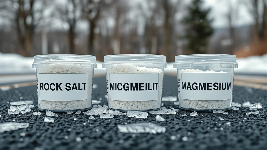 Rock salt, calcium chloride, and magnesium chloride de-icer products compared on black asphalt surface. De-icer for asphalt granules in winter conditions.