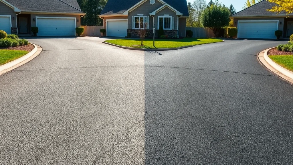 Before-and-after of asphalt driveway showcasing faded left side and newly sealcoated right side for winter preparation