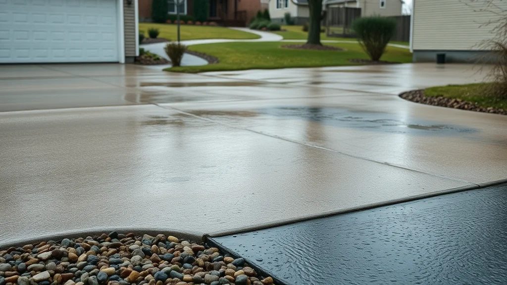 Concrete driveway and gravel drive with puddles and erosion, highlighting the need for proper drainage before winter