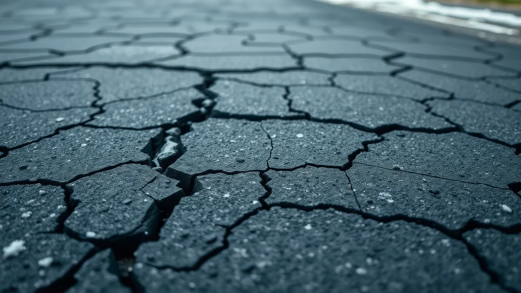 Close-up of cracked asphalt driveway with visible moisture and frost, illustrating risk without driveway winter preparation