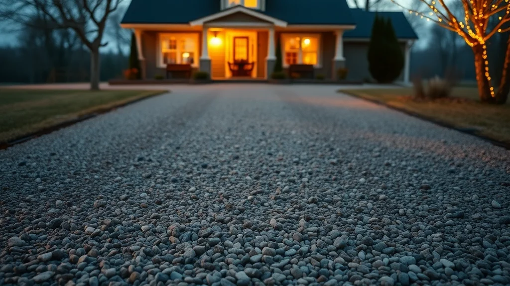 Photorealistic uneven gravel driveway with dips and leveling, demonstrating early steps in driveway winter preparation