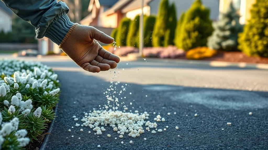 Eco-friendly de-icer applied on asphalt driveway with healthy green landscaping, highlighting de-icer for asphalt and plant safety.