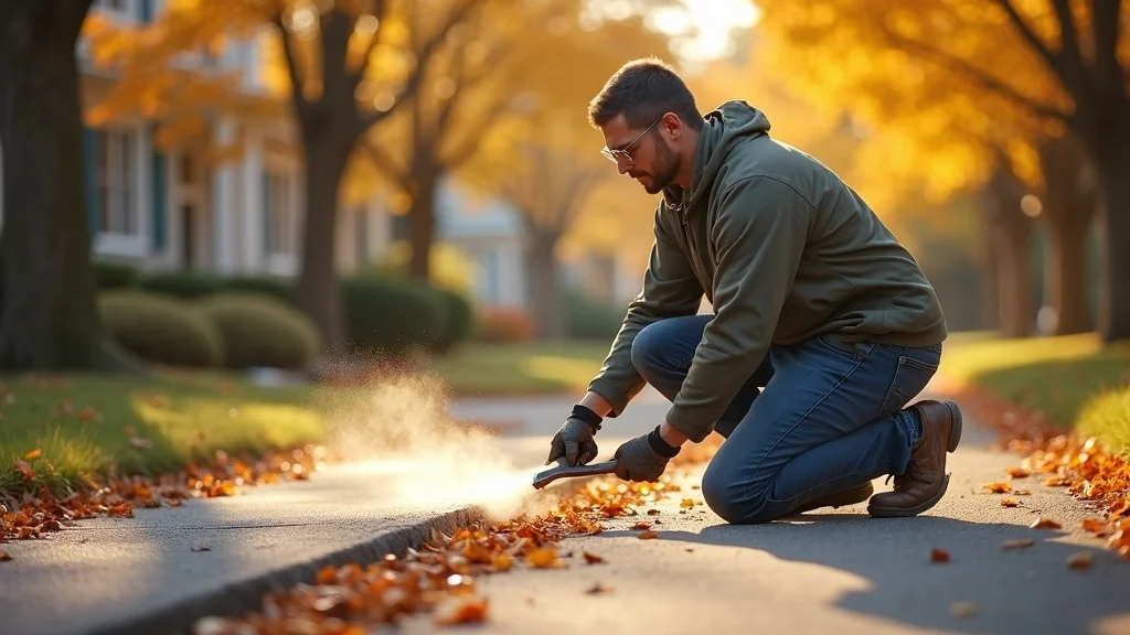 Professional worker filling driveway cracks on an asphalt driveway surrounded by autumn colors, close-up action shot