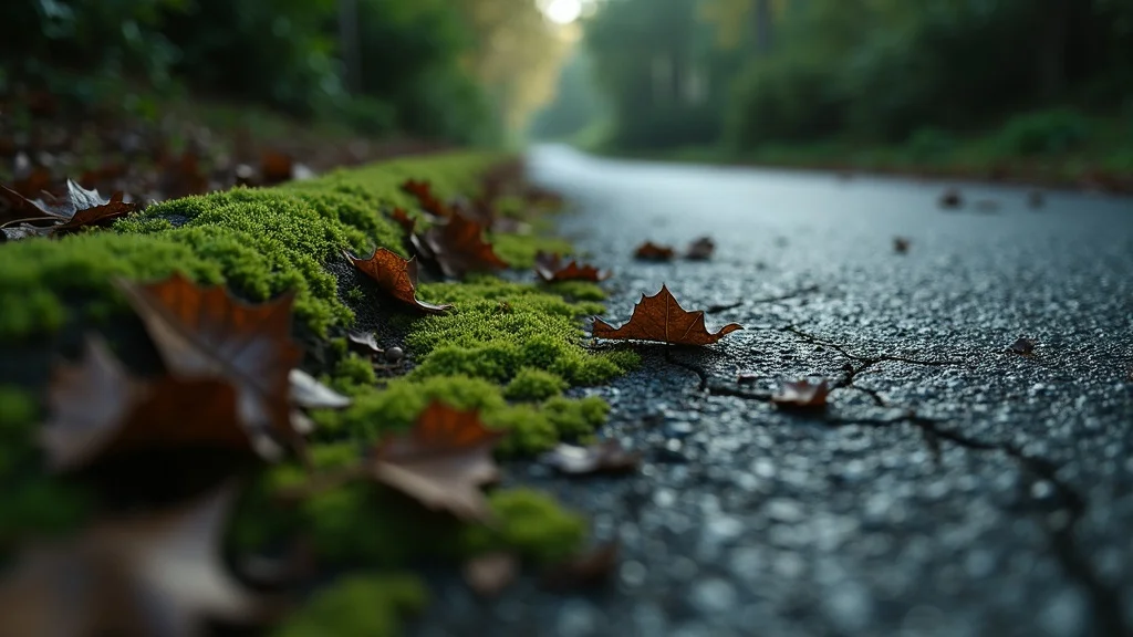 closeup of neglected asphalt driveway with moss and algae growth and decaying leaves, a clear sign of leaf damage