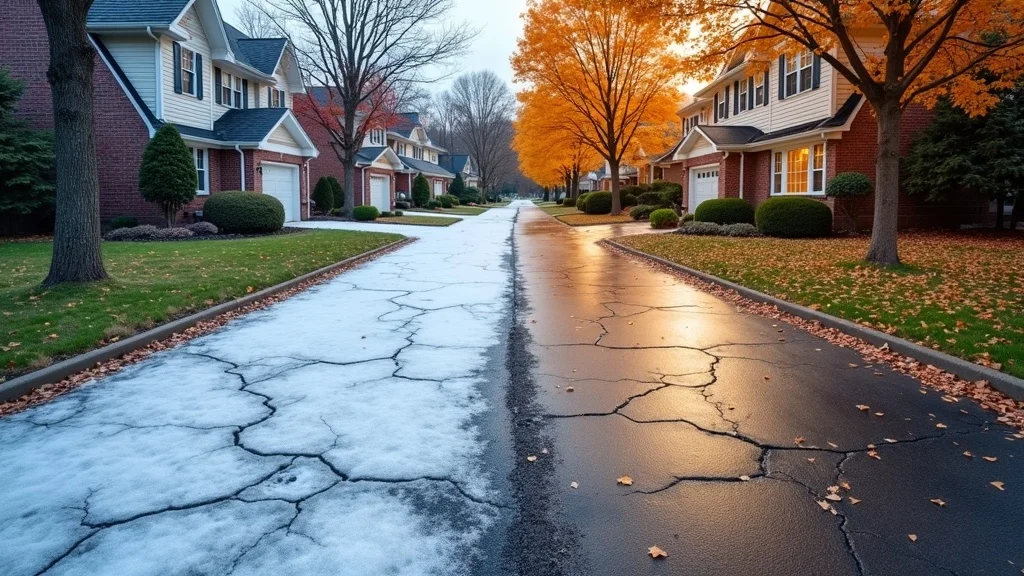 Before and after: winter-damaged driveway vs. newly maintained, sealed asphalt in autumn