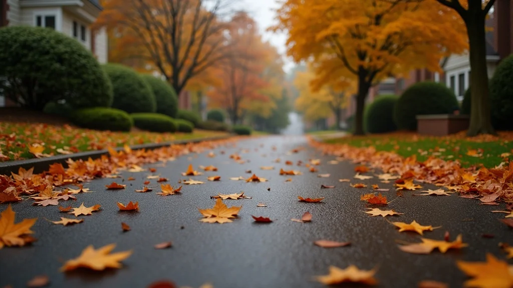 suburban asphalt driveway covered with colorful autumn leaves after a storm, demonstrating how leaves damage asphalt driveway