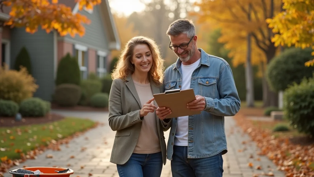 Homeowners reviewing an asphalt maintenance checklist with tools and sealant by a well-kept driveway in mid-fall