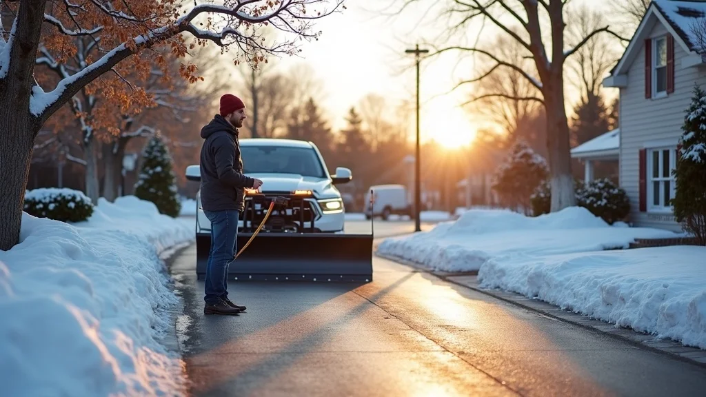 Residential asphalt driveway with snow plow and homeowner ready for winter in a fall setting, protective edging visible