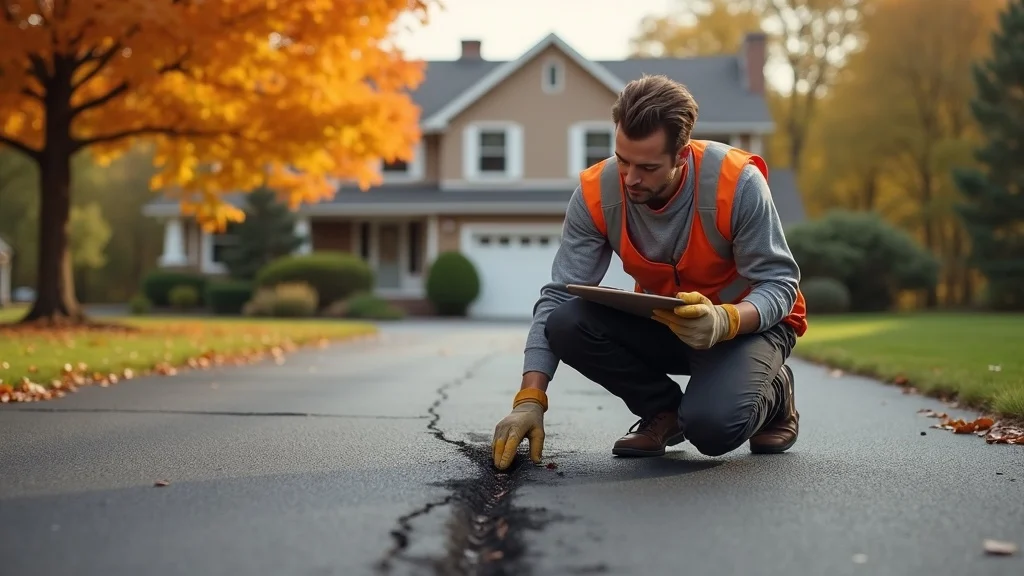 asphalt maintenance specialist inspecting a crack on a suburban driveway, demonstrating when professional help is needed to address leaf and branch damage