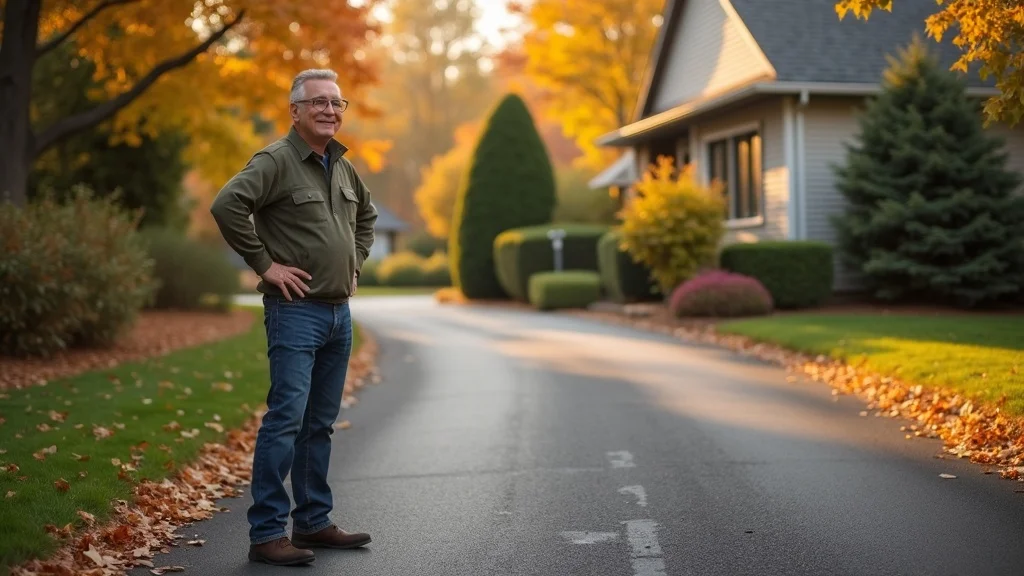 Modern suburban asphalt driveway freshly repaired in fall, warm autumn colors, homeowner observing results