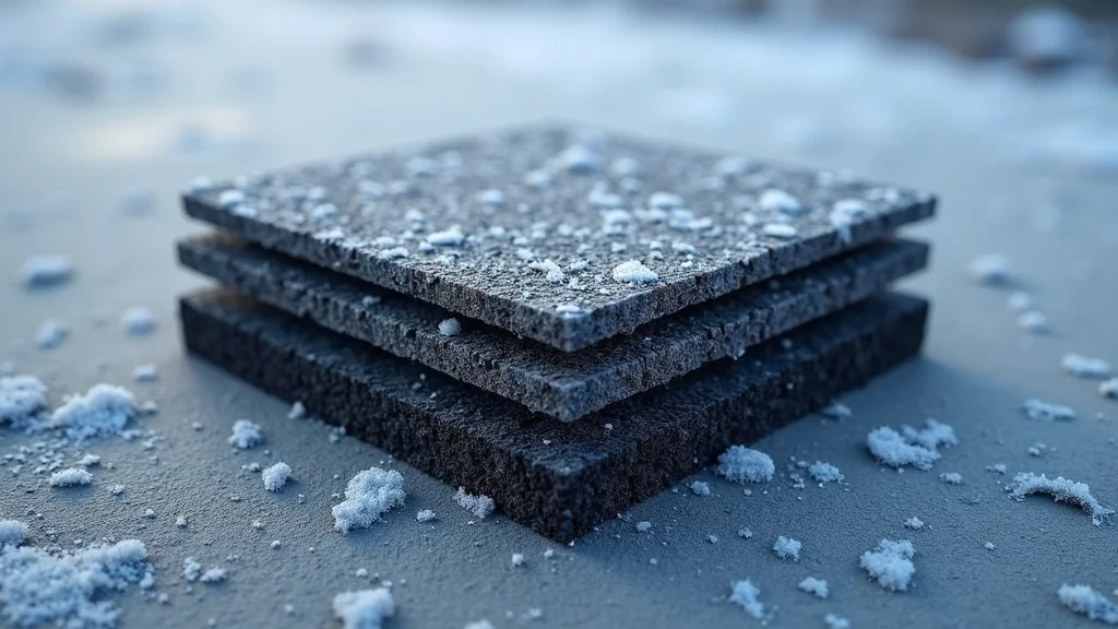 Cross-section of asphalt driveway layers in cold weather, educational infographic with frost and temperature gauges