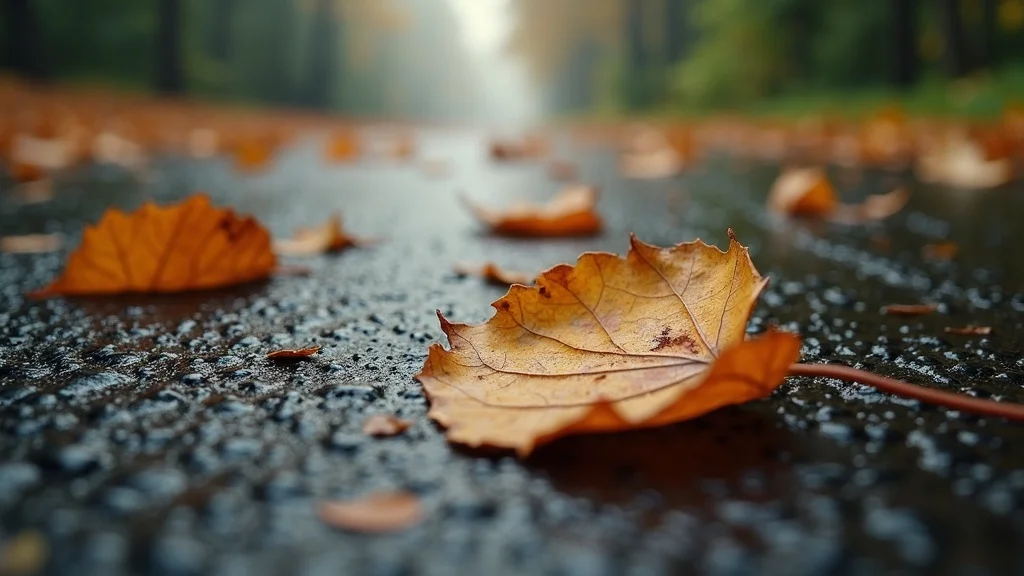 closeup of wet leaves stuck to a damp asphalt driveway, highlighting moisture retention and how leaves damage asphalt driveway