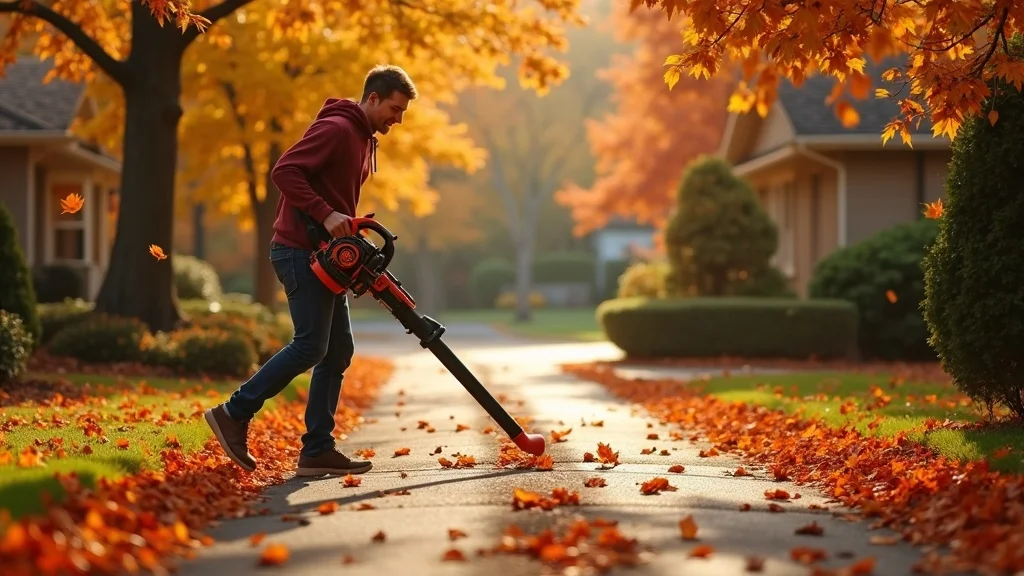 Homeowner using a leaf blower to clear autumn leaves from asphalt driveway, showing effective leaf removal and maintenance
