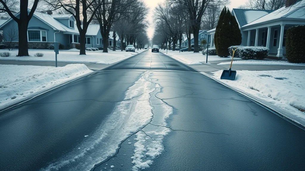 winter asphalt protection in a suburban driveway with patches of ice, snow, visible cracks, salt granules, and snow shovel present during winter months