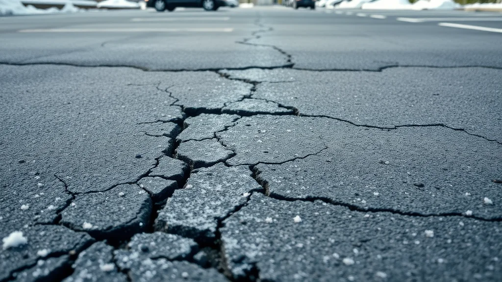 Detailed close-up of asphalt surface showing freeze–thaw cracking, key hazard for winter asphalt care in Pennsylvania
