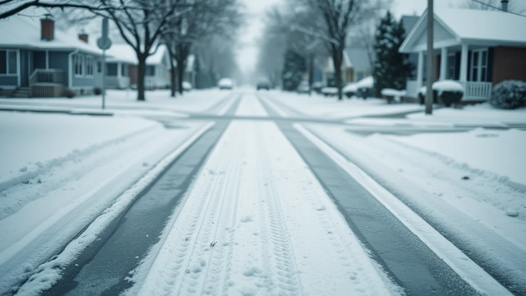 Moody suburban driveway covered in freshly fallen snow, asphalt visible under snow, illustrating proper winter asphalt care
