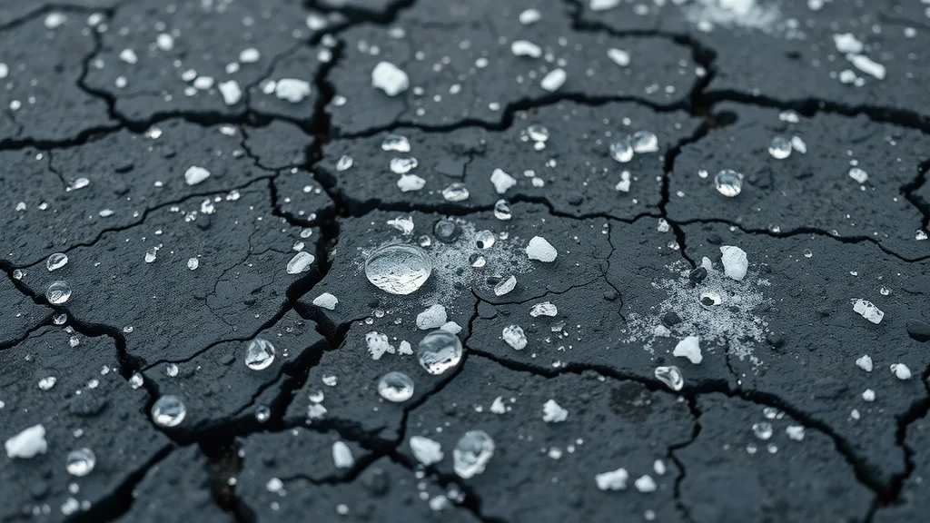 macro photo of salt granules and water droplets on cracked asphalt surface, winter asphalt pavement protection