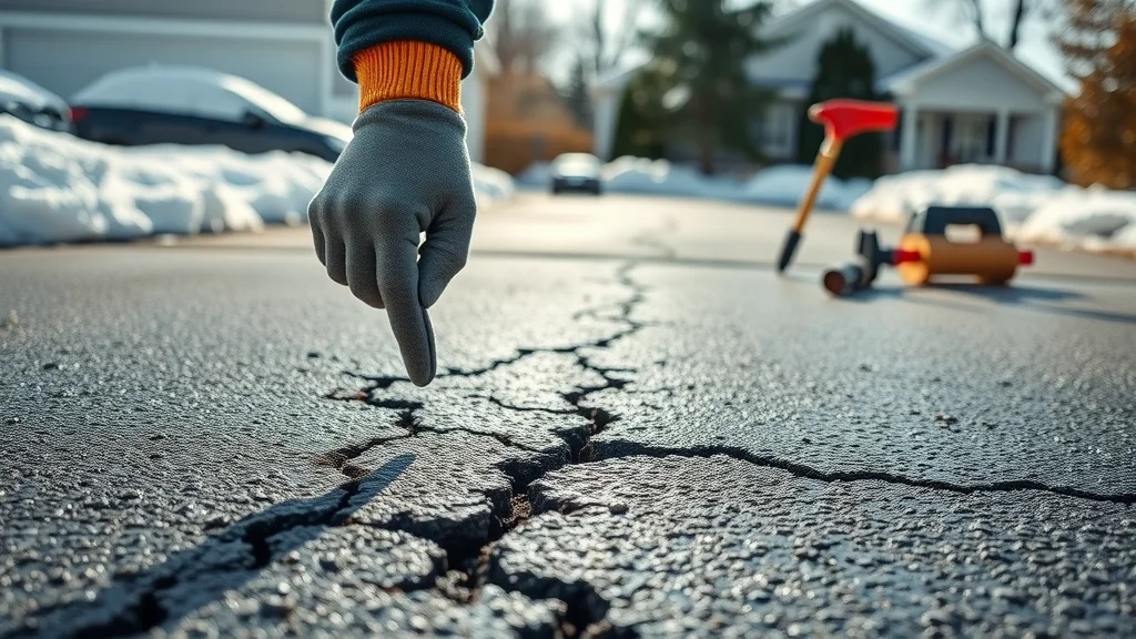 Home asphalt driveway with small but spreading cracks, a warning sign for poor winter asphalt care