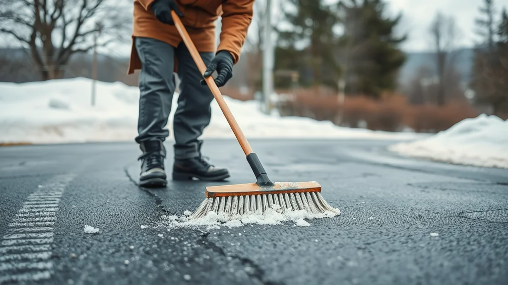 person sweeping up rock salt from cracked asphalt driveway in winter as part of winter asphalt protection best practices