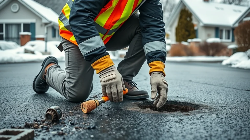 professional contractor using cold patch on an asphalt driveway in winter months for asphalt repair and safety protection