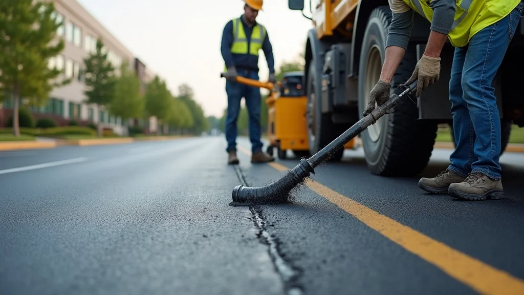 Professional asphalt maintenance sealcoating and crack filling in institutional parking lot, workers and machines, crisp lines, safety yellow equipment