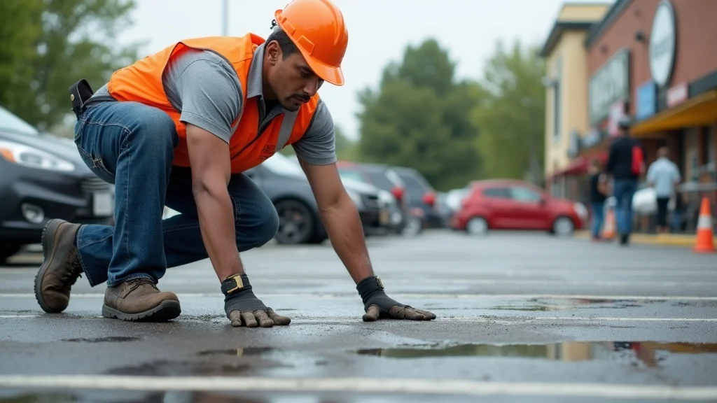 commercial paving: Maintenance worker inspects busy multi-use property parking lot for wear, with clear pedestrian and event activity.