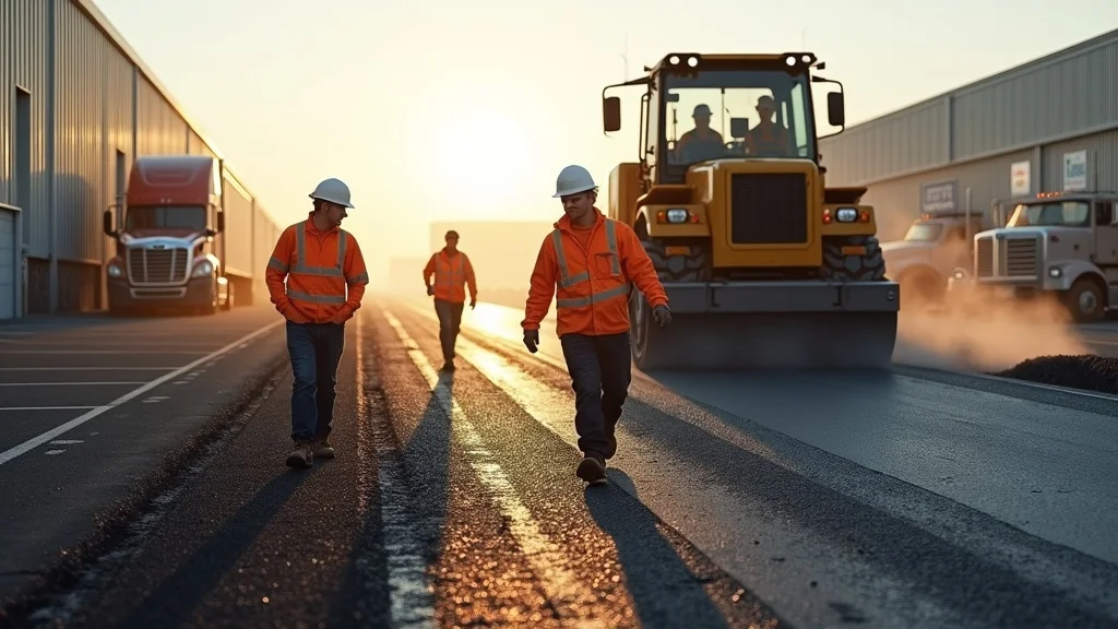 Construction crew laying asphalt in a commercial truck yard with safety equipment and well-prepared hot mix asphalt surface