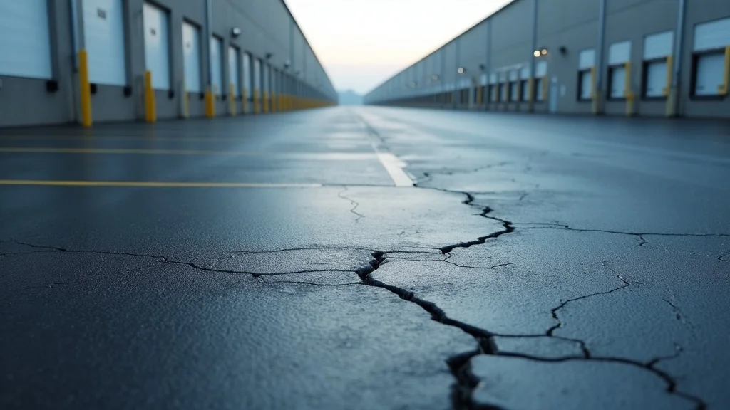 Industrial parking lot showing alligator cracking and early surface deterioration near a warehouse loading dock