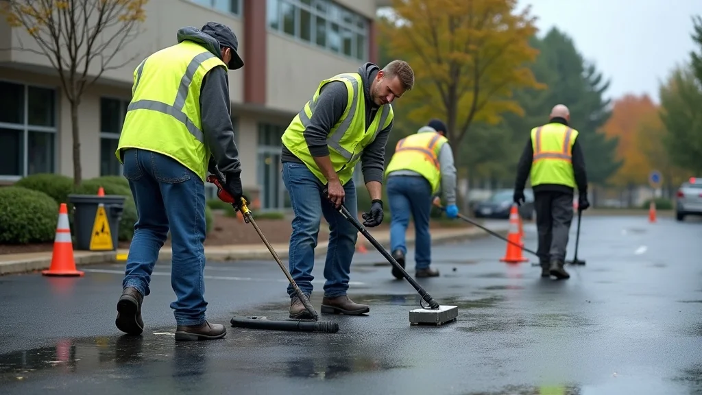 commercial asphalt maintenance crew sealcoating and filling cracks in an office properties asphalt lot, with visible before-and-after contrast