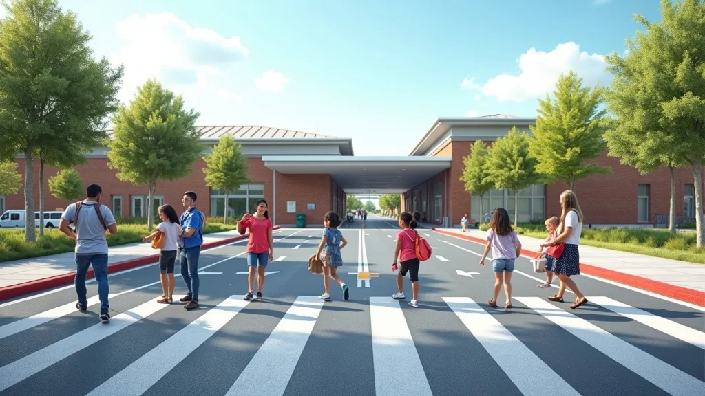 Modern school drop-off zone with children, parents, new asphalt, safe crosswalks, staff, and trees in bright morning light