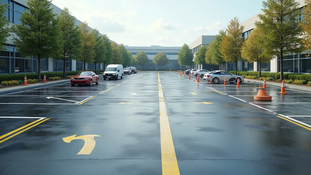 office properties asphalt maintenance with clearly sectioned-off parking area minimizing disruption to tenants and visitors
