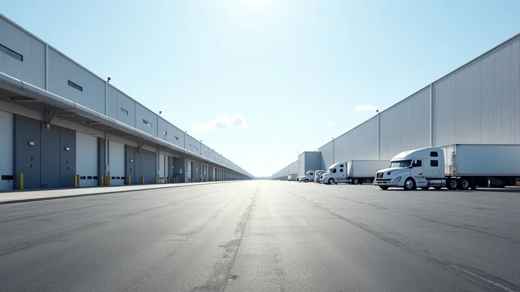 Modern industrial facility with robust asphalt pavement suitable for industrial and commercial use, showing semi-trucks in motion in bright, clean industrial yard