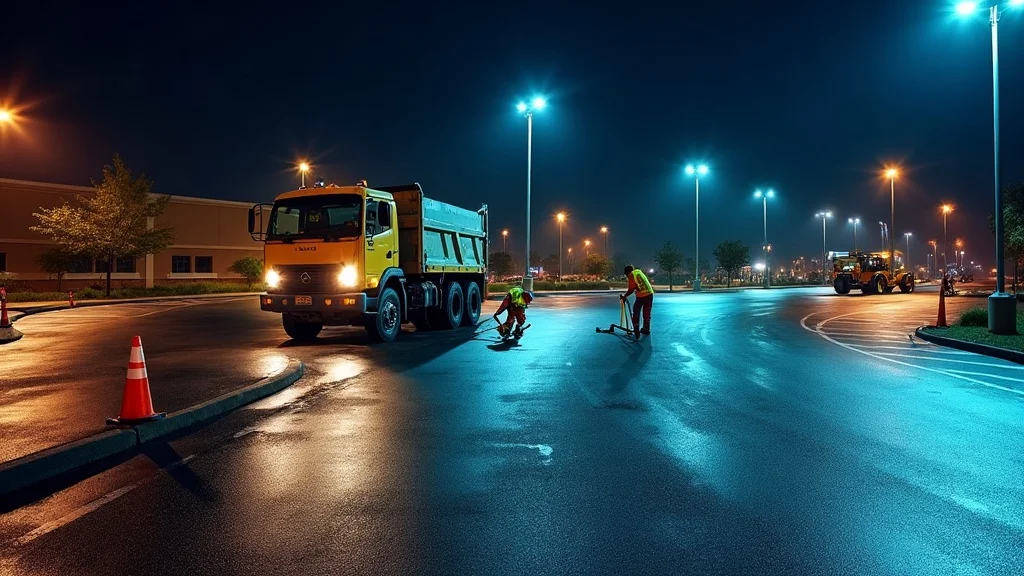 commercial paving: Nighttime pavement repair at event venue minimizing disruption with bright lights and attentive contractors.