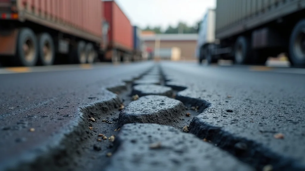 Industrial asphalt closeup showing rutting and surface wear caused by frequent heavy load traffic in an active yard