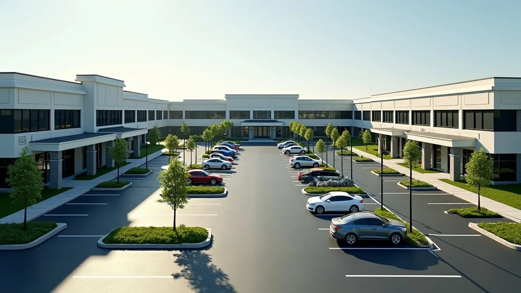 office properties asphalt in multi-building commercial park with clean, uniform parking lots, clear striping, and organized landscaping