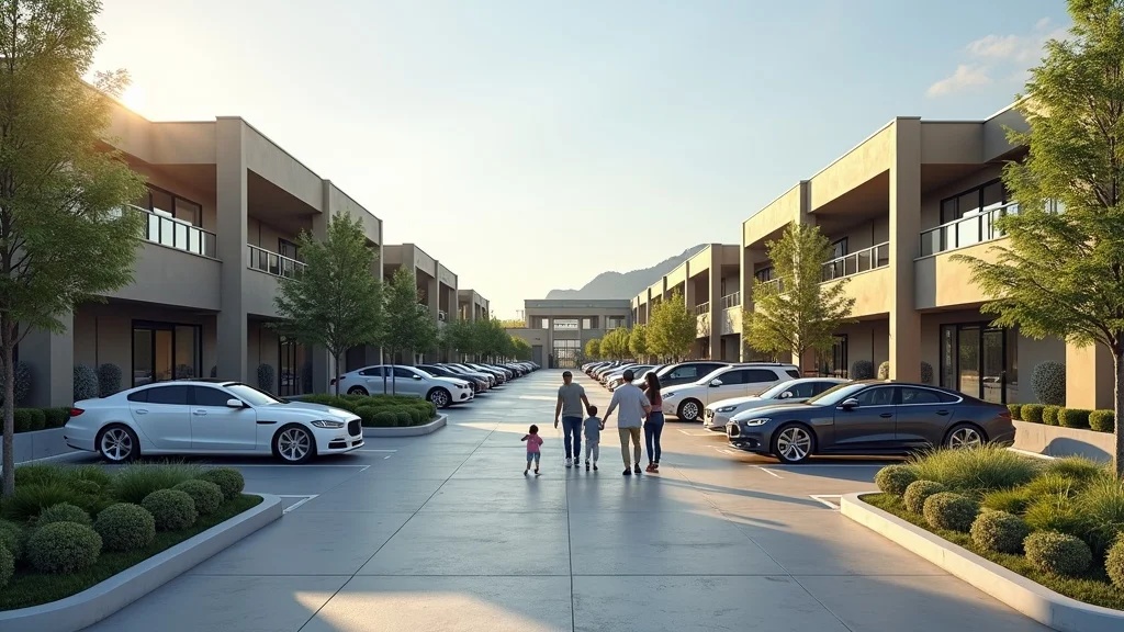 parking lot at multi-use complex: organized, satisfied guests walking, smooth surfaces, accessible paths, photorealistic vibrant property with clean lines.