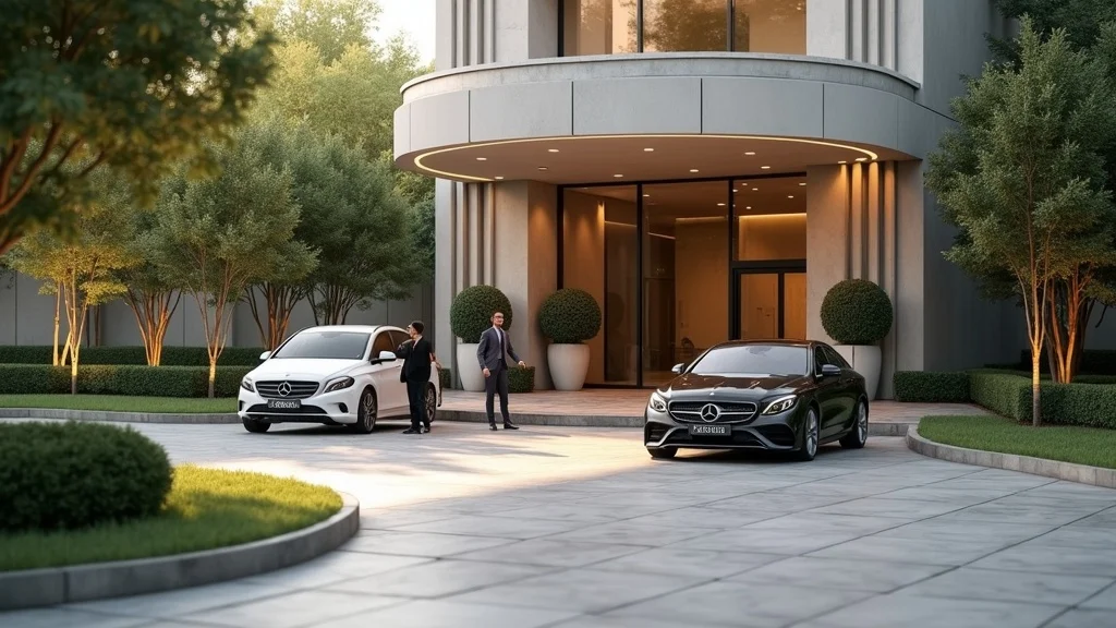 hospitality & multi-use properties pavement strategy: Luxury hotel drop-off with polished doorman, guests arriving on flawless drive, lush planters, high detail, natural sunlight.