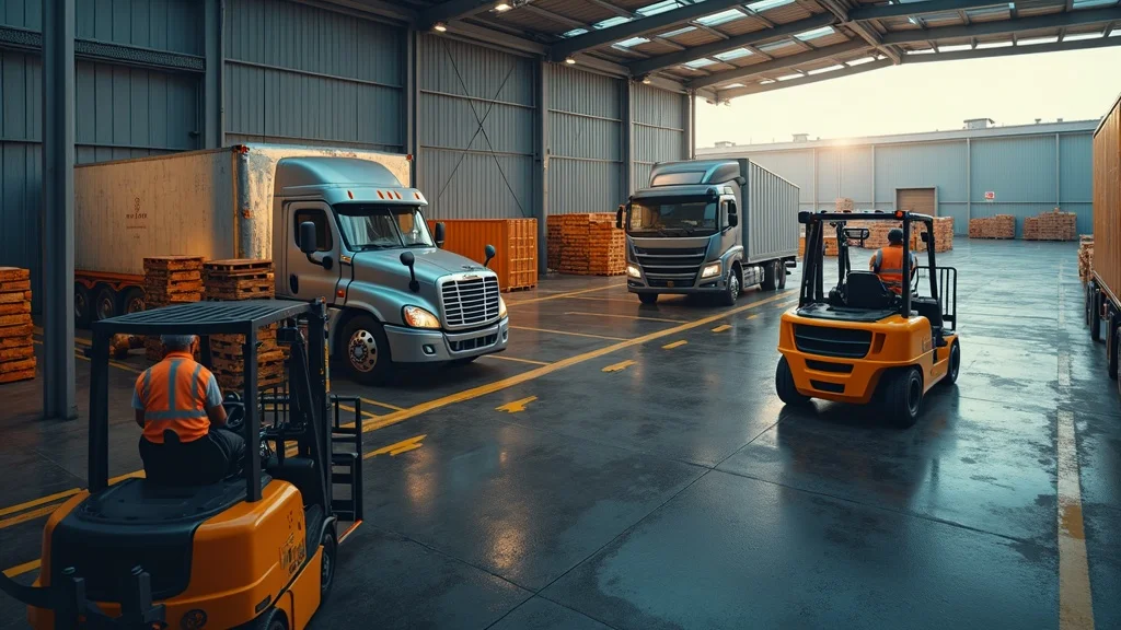Warehouse loading dock area with durable, freshly paved asphalt and visible safety features for heavy truck and forklift traffic