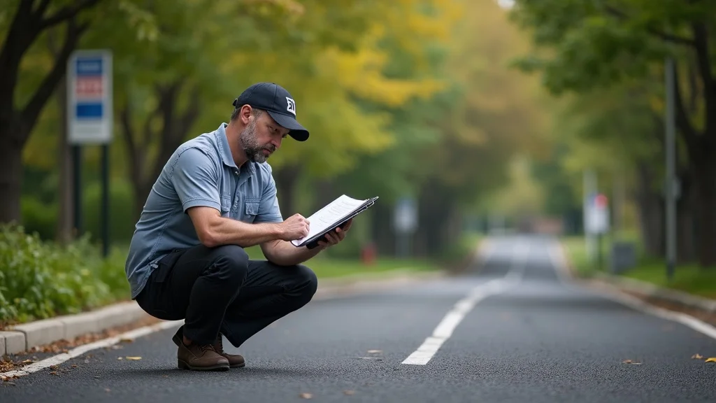 Experienced property manager inspecting institutional asphalt, fresh driveway, painted curbs, clipboard, leafy campus, morning sunlight