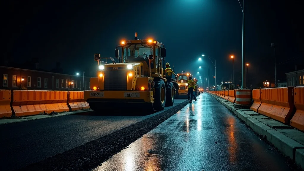 Night-time commercial asphalt paving in institutional roadway, construction crew with machinery, reflective gear, safety cones, floodlights