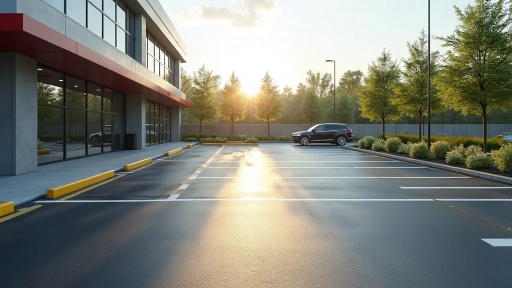 Modern commercial parking lot with freshly paved asphalt by a commercial paving company, featuring neat lines and professional appearance.
