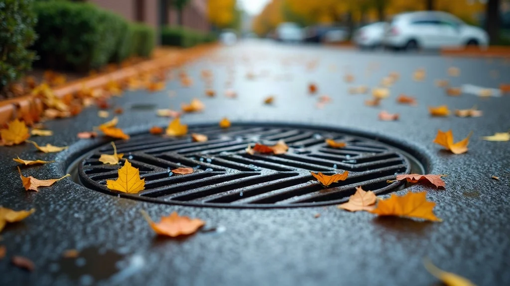Functional catch basin with clear drainage and autumn leaves in parking lot, highlighting pavement maintenance and fall checklist