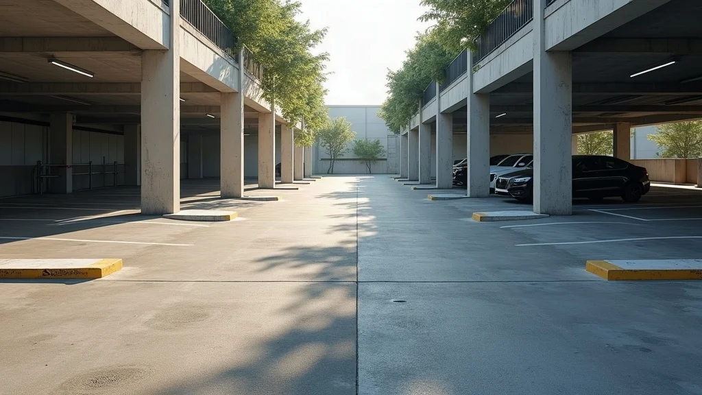Parking lot with repaired and damaged sections, clear ADA walkways, curb ramps, and visible safety cones—trip hazard inspection