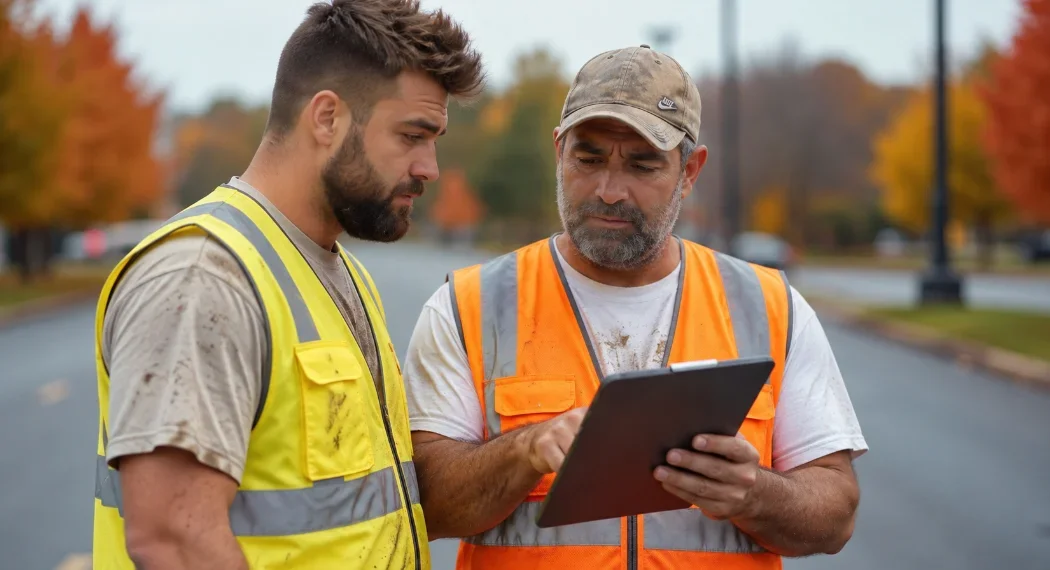 Professional paving contractor and property manager reviewing a fall asphalt checklist on site, consulting in front of a commercial parking lot with autumn foliage